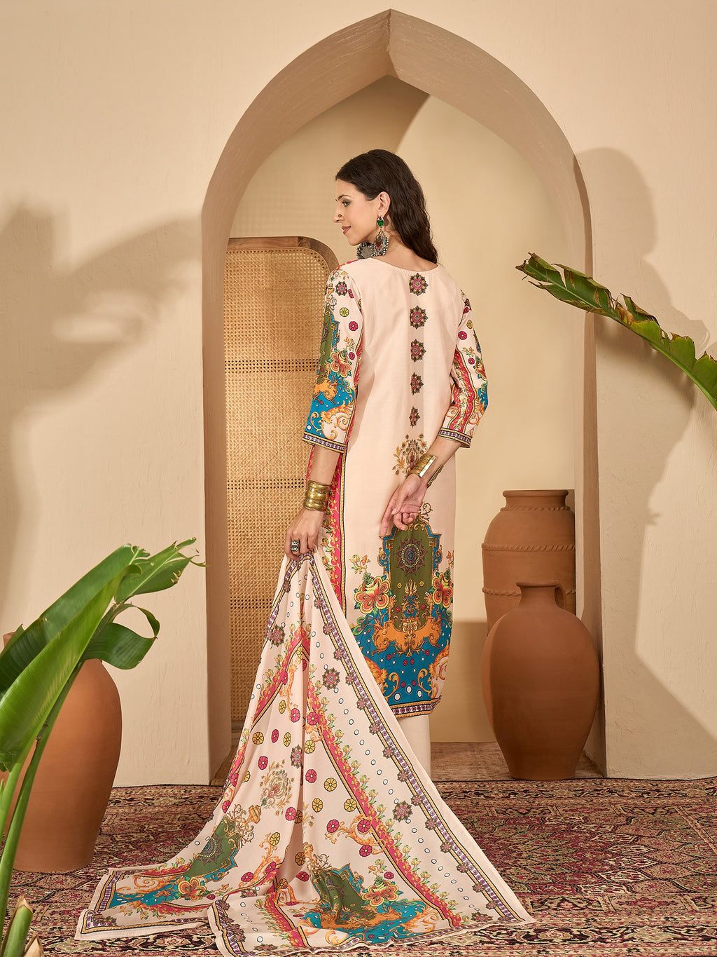 Beige Silk Blend Yoke Kurta Set — back view with dupatta — Banwaree India