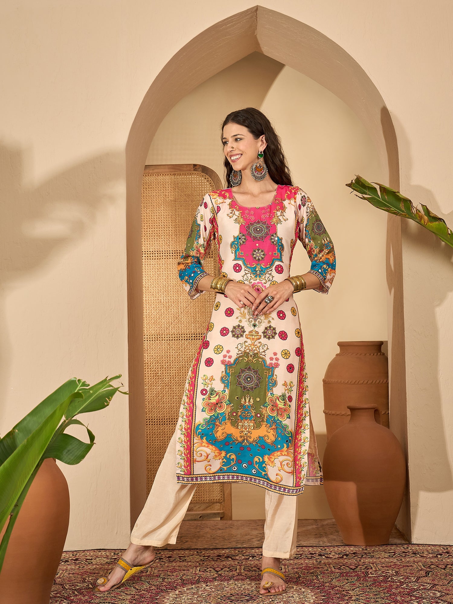 Beige Silk Blend Yoke Kurta Set — complete 3-piece set — Beige Silk Blend