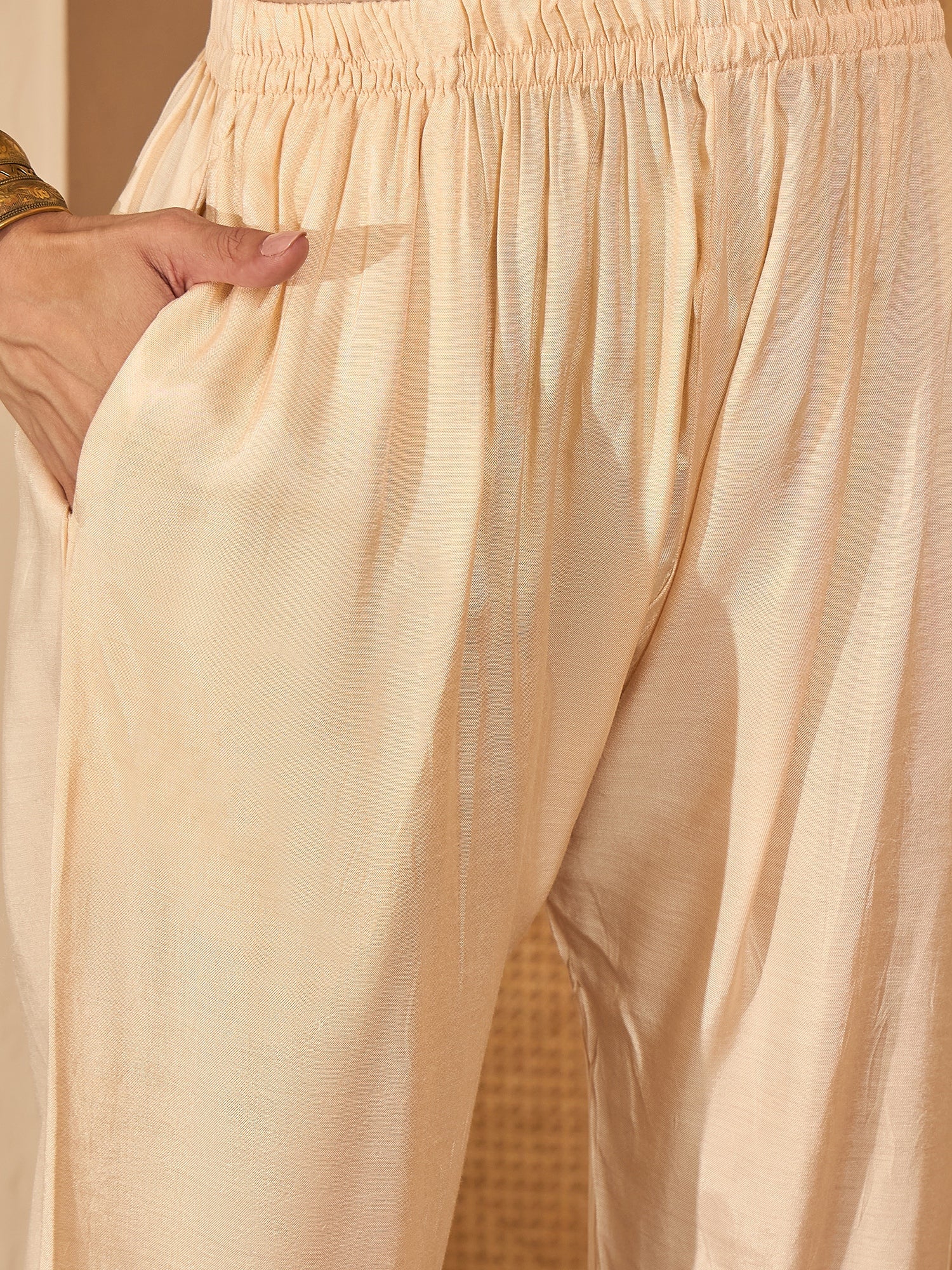 Beige Silk Blend Yoke Kurta Set — dupatta close up — Beige Silk Blend — Banwaree