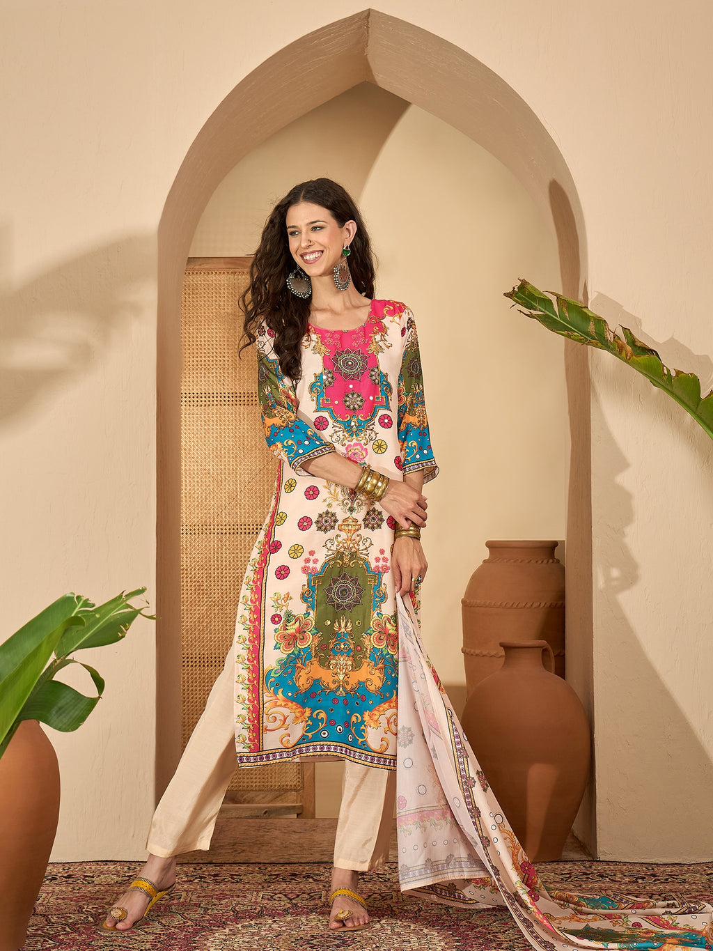 Beige Silk Blend Yoke Kurta Set — flat lay — silk kurta set party wear — Banwaree India