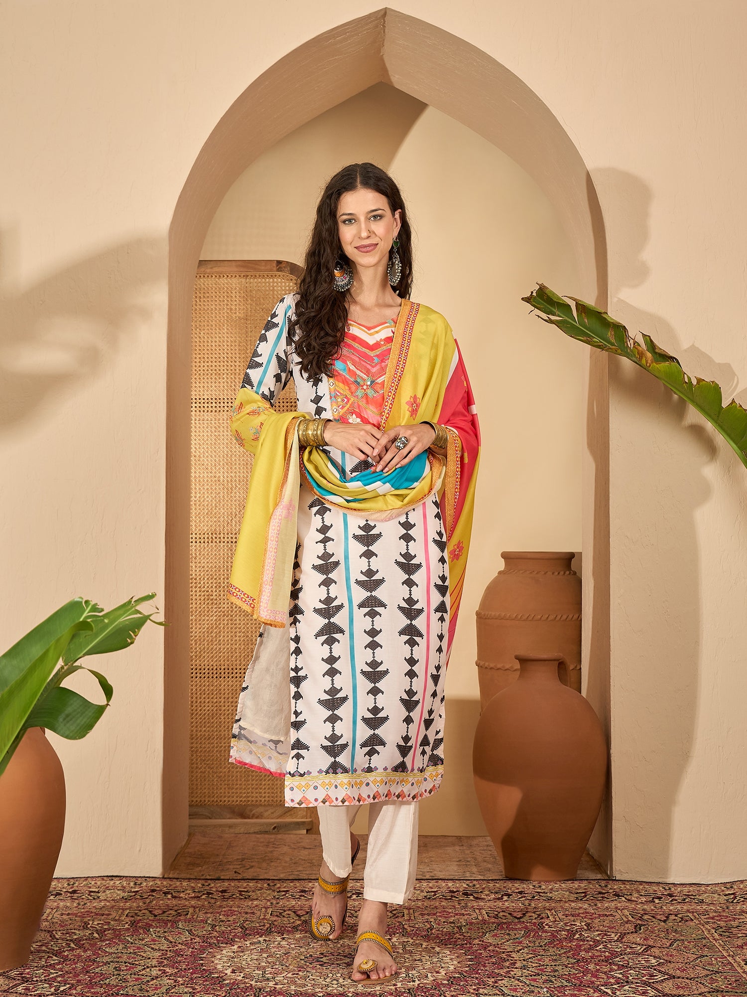 White Yoke Design Kurta Set — front view — festive silk kurti with dupatta