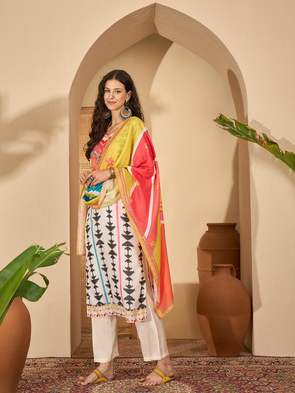 White Yoke Design Kurta Set — side view — White Silk Blend women — Banwaree