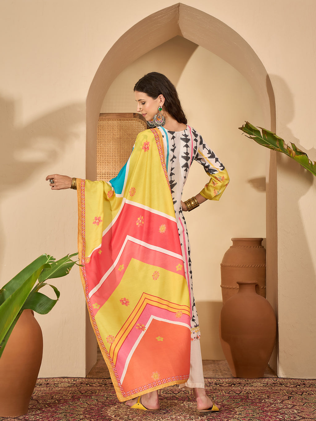 White Yoke Design Kurta Set — back view with dupatta — Banwaree India