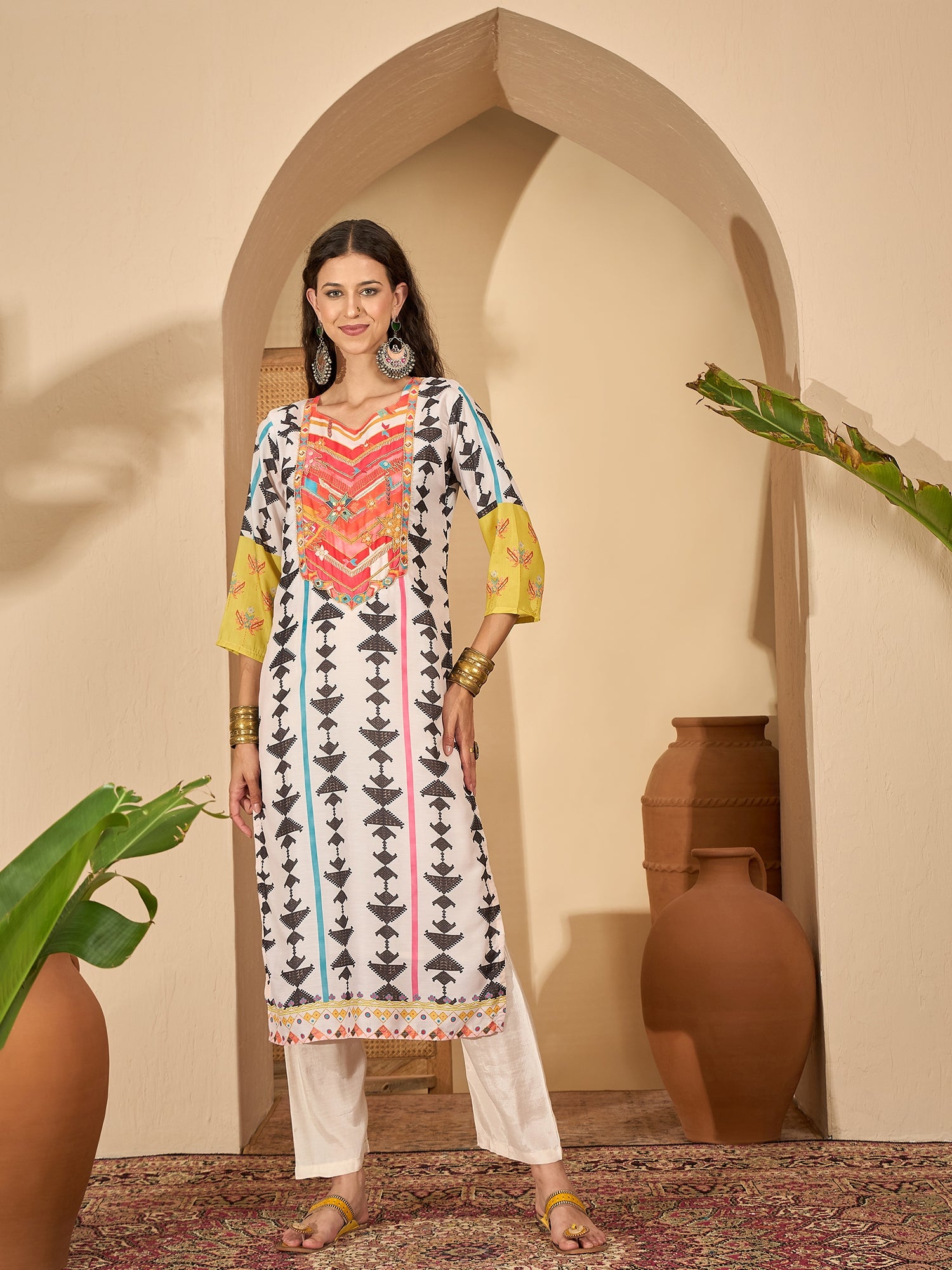 White Yoke Design Kurta Set — complete 3-piece set — White Silk Blend