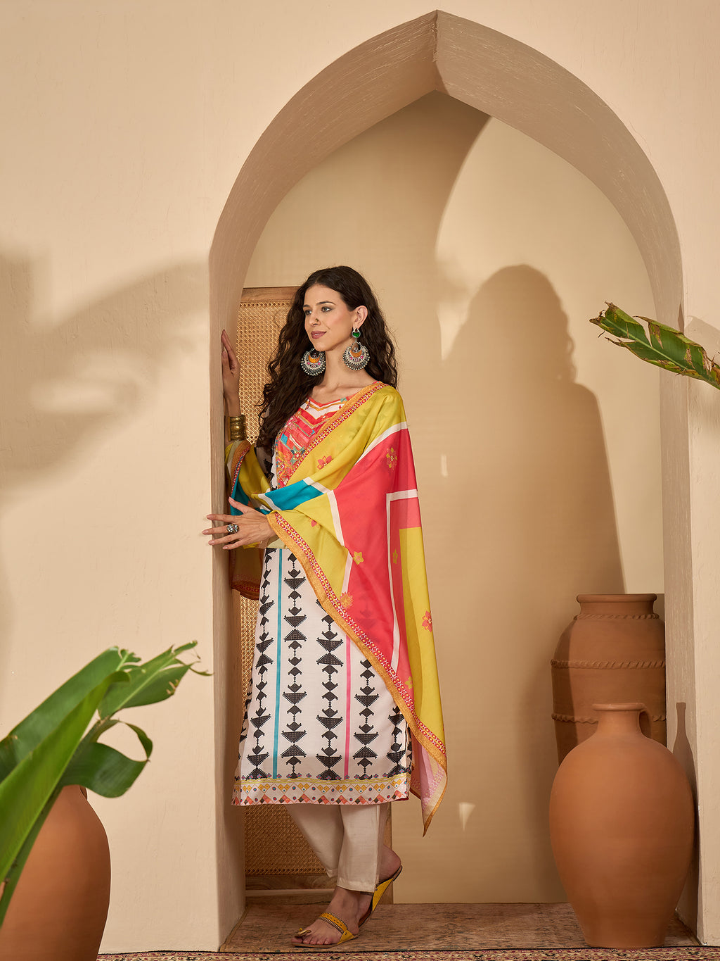 White Yoke Design Kurta Set — flat lay — silk kurta set party wear — Banwaree India