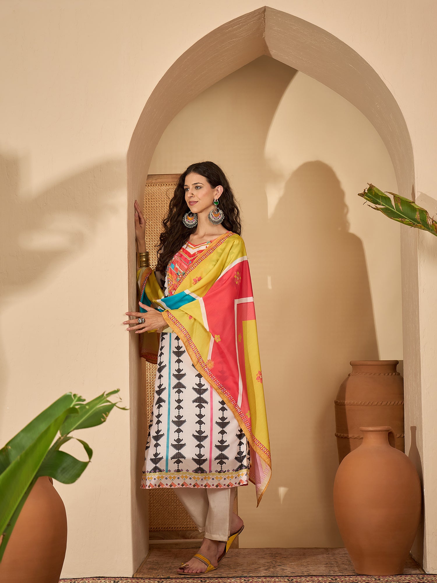 White Yoke Design Kurta Set — flat lay — silk kurta set party wear — Banwaree India