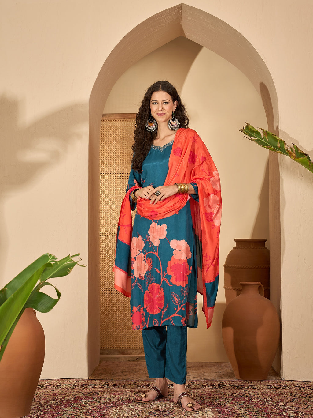 Blue Pure Silk Yoke Design Kurta Set — front view — festive silk kurti with dupatta