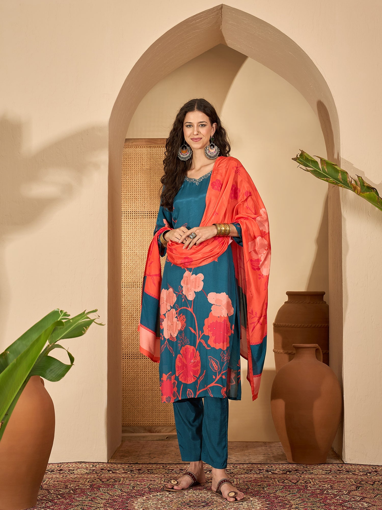 Blue Pure Silk Yoke Design Kurta Set — front view — festive silk kurti with dupatta