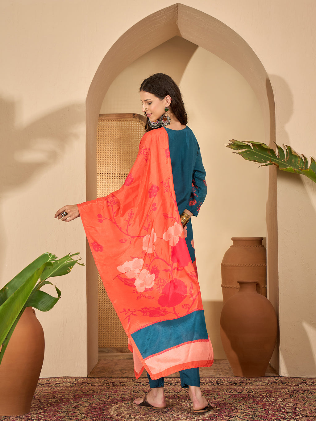 Blue Pure Silk Yoke Design Kurta Set — back view with dupatta — Banwaree India