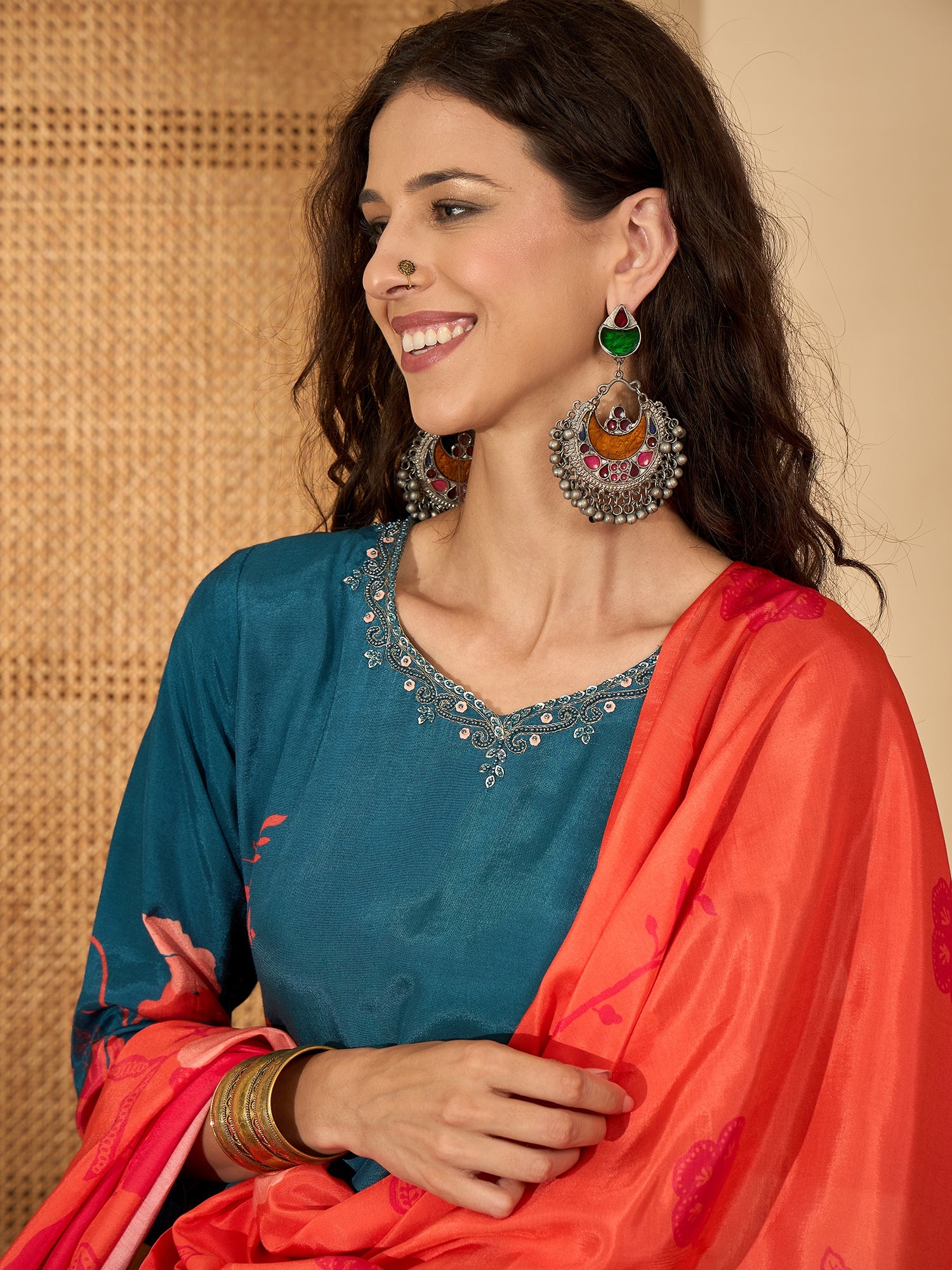 Blue Pure Silk Yoke Design Kurta Set — fabric detail — Blue traditional pure silk