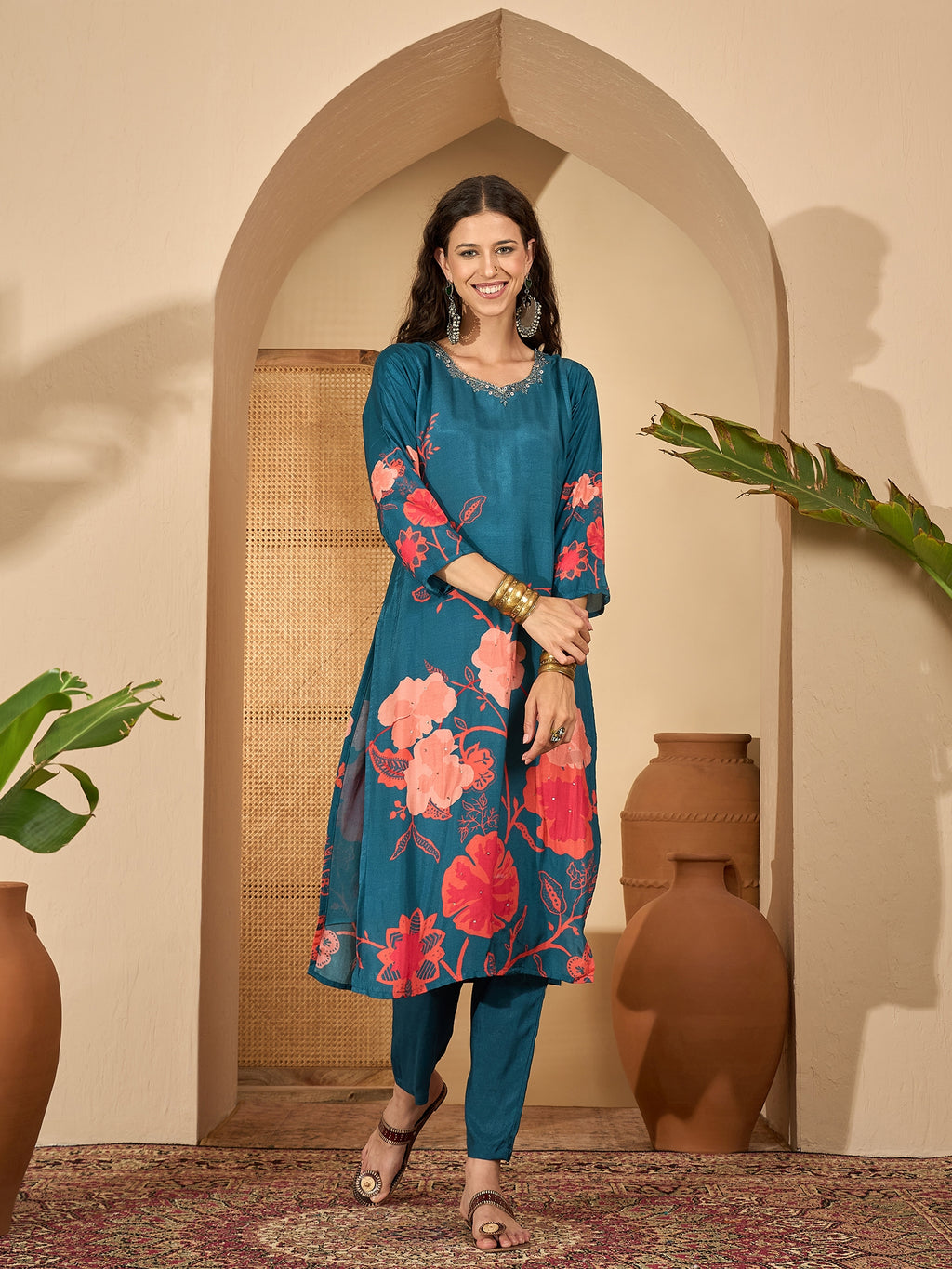 Blue Pure Silk Yoke Design Kurta Set — complete 3-piece set — Blue Pure Silk