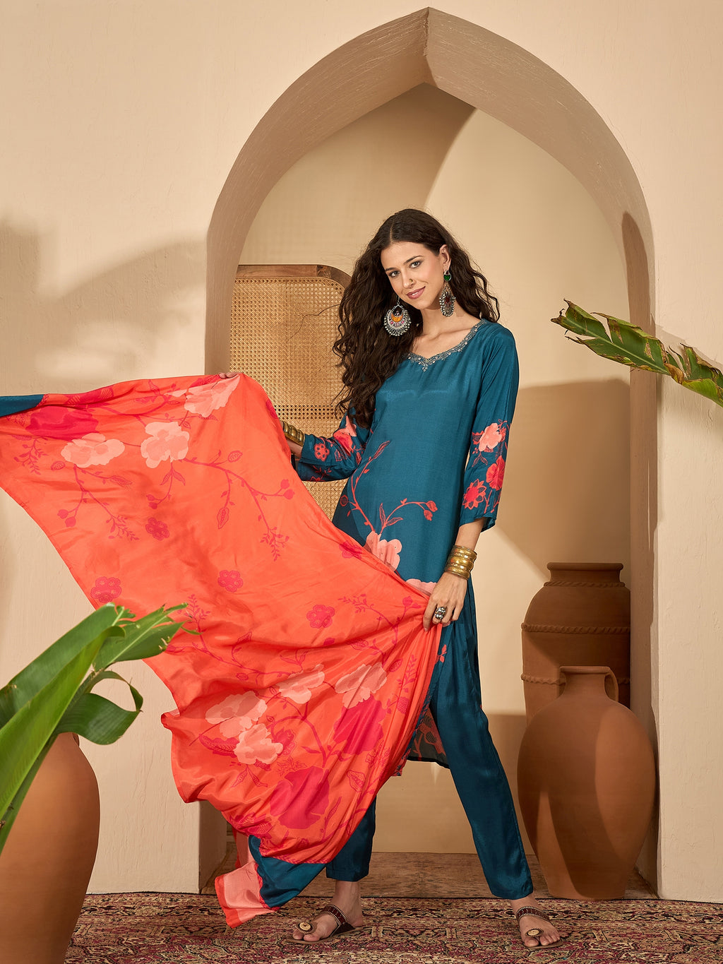 Blue Pure Silk Yoke Design Kurta Set — flat lay — silk kurta set party wear — Banwaree India