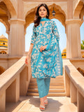 Blue Cotton Blend Printed Ethnic Kurta Set — front view — pure cotton ethnic wear women