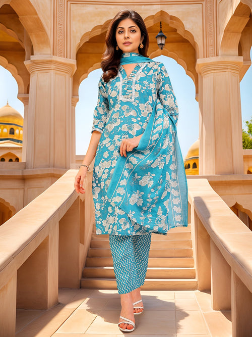 Blue Cotton Blend Printed Ethnic Kurta Set — front view — pure cotton ethnic wear women
