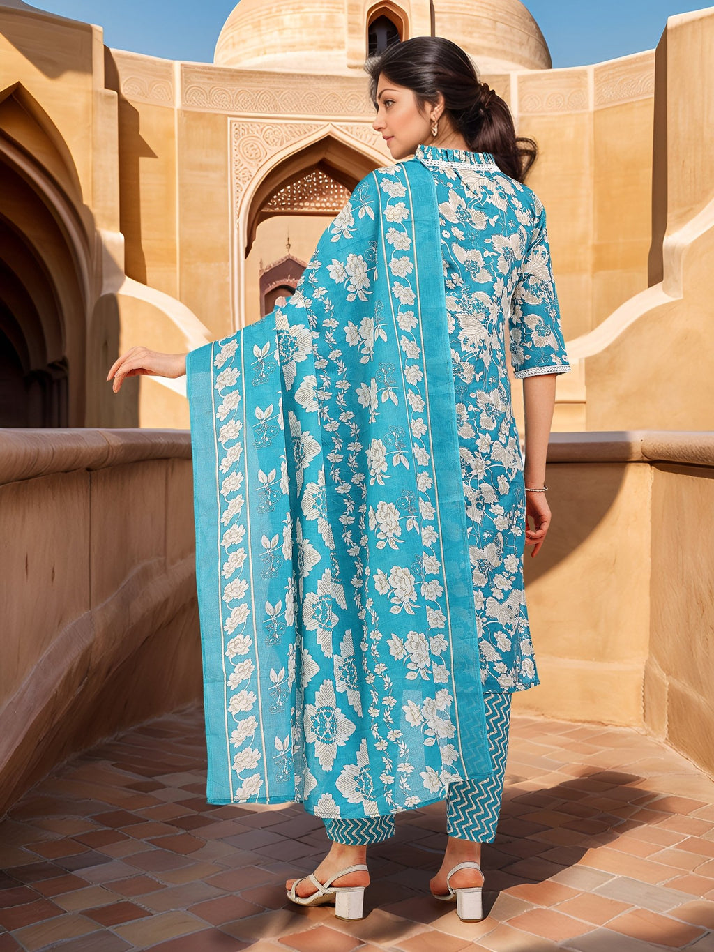 Blue Cotton Blend Printed Ethnic Kurta Set — back view with dupatta — Banwaree India
