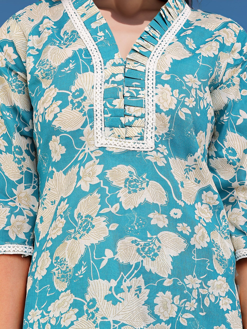 Blue Cotton Blend Printed Ethnic Kurta Set — fabric detail — Blue breathable cotton blend