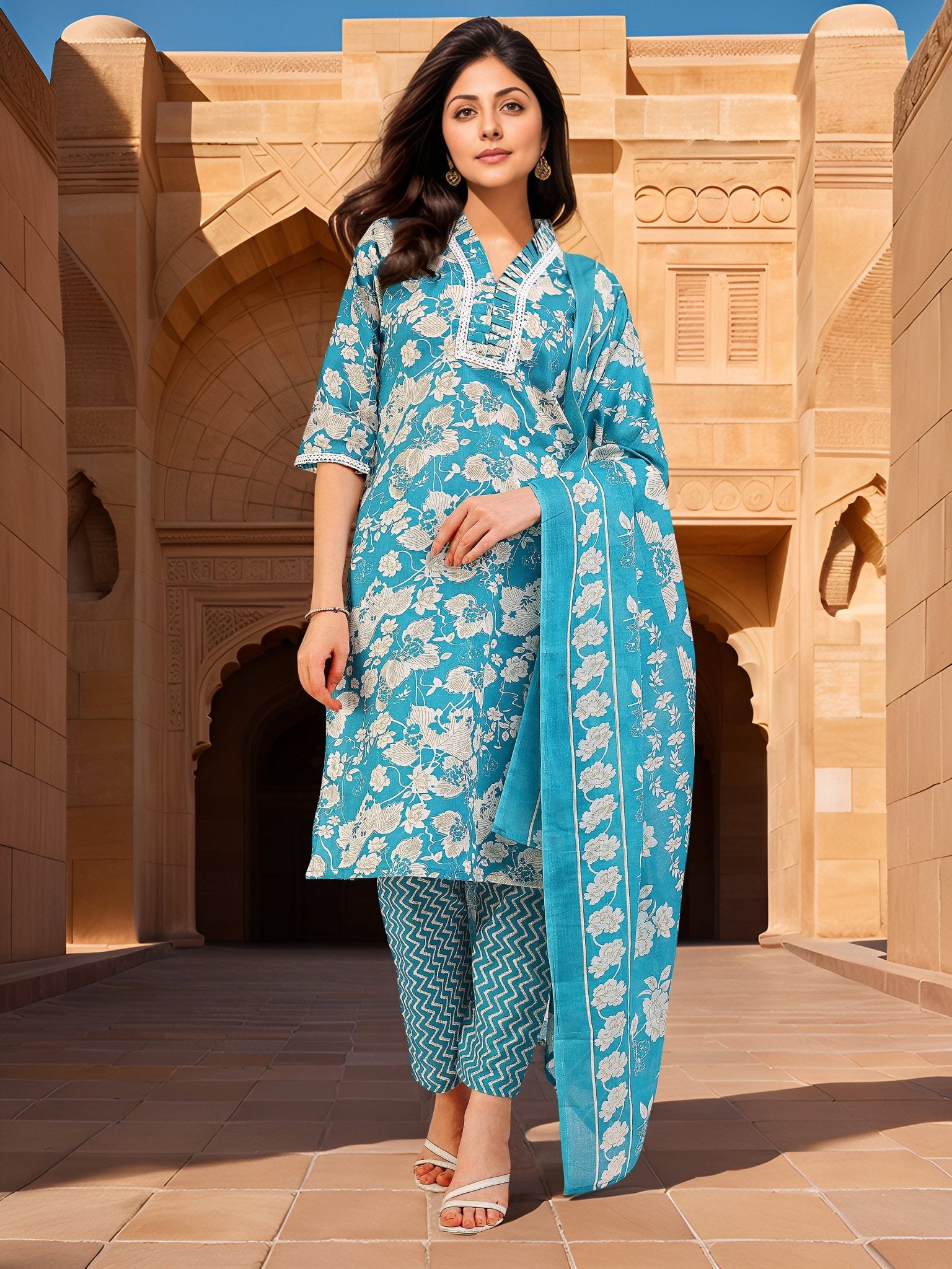 Blue Cotton Blend Printed Ethnic Kurta Set — everyday styling — casual cotton blend — Banwaree
