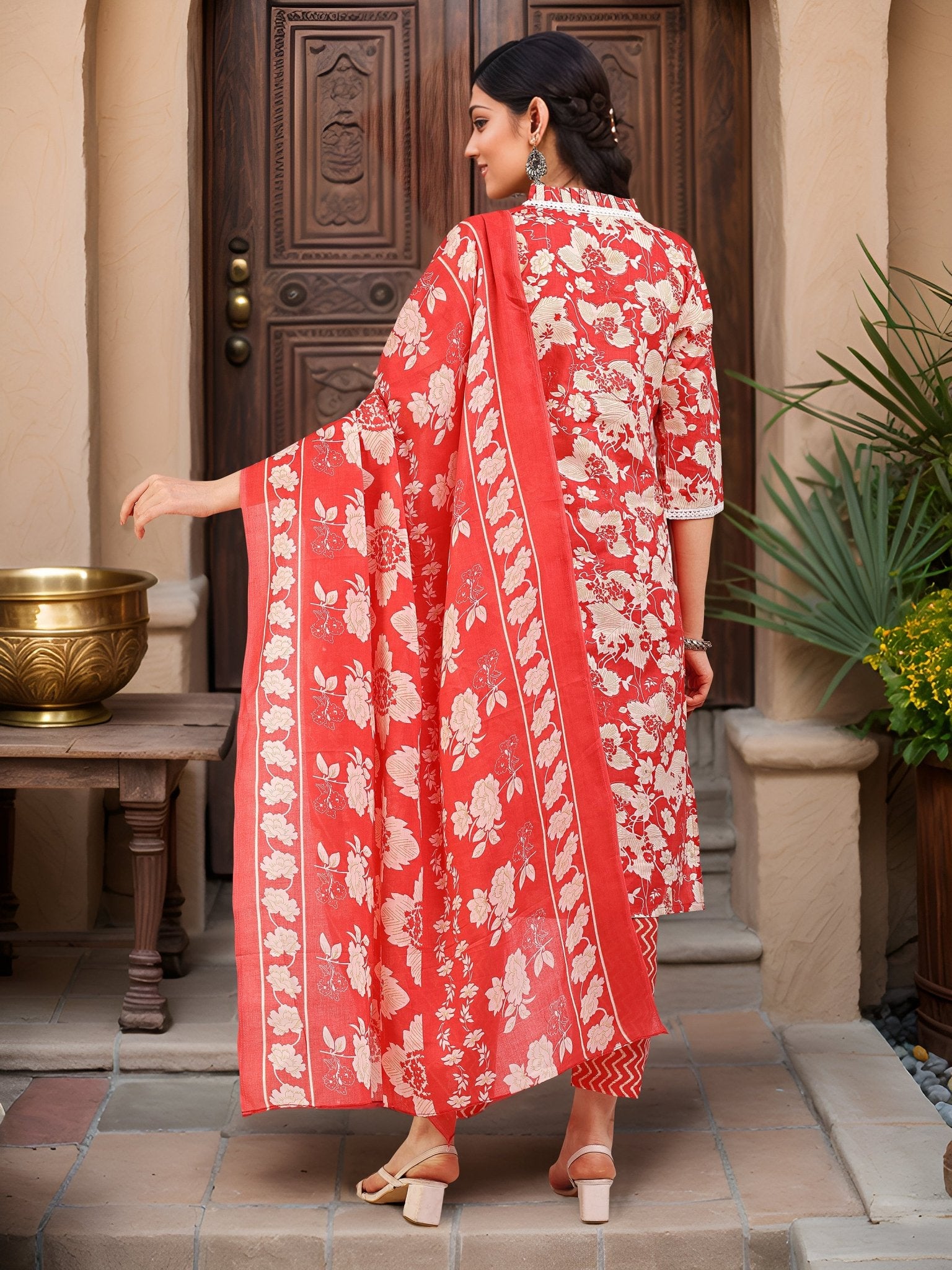 Printed Pink Cotton Blend Kurta Set — back view with dupatta — Banwaree India 2