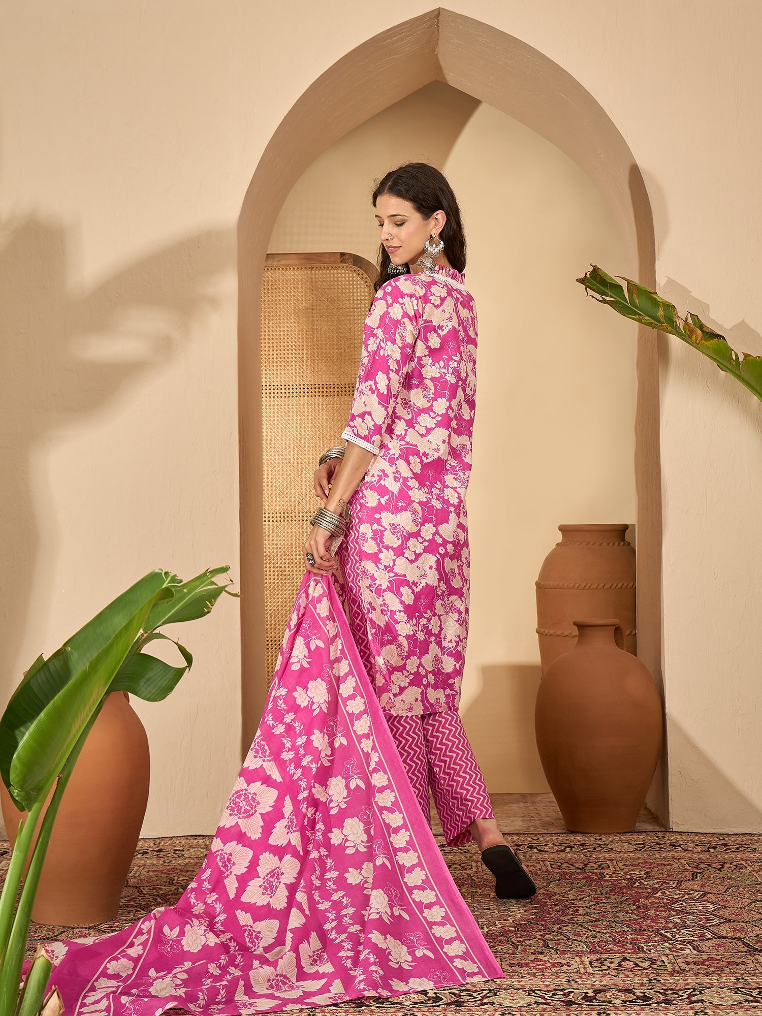 Pink Cotton Blend Kurta Set — back view with dupatta — Banwaree India 2