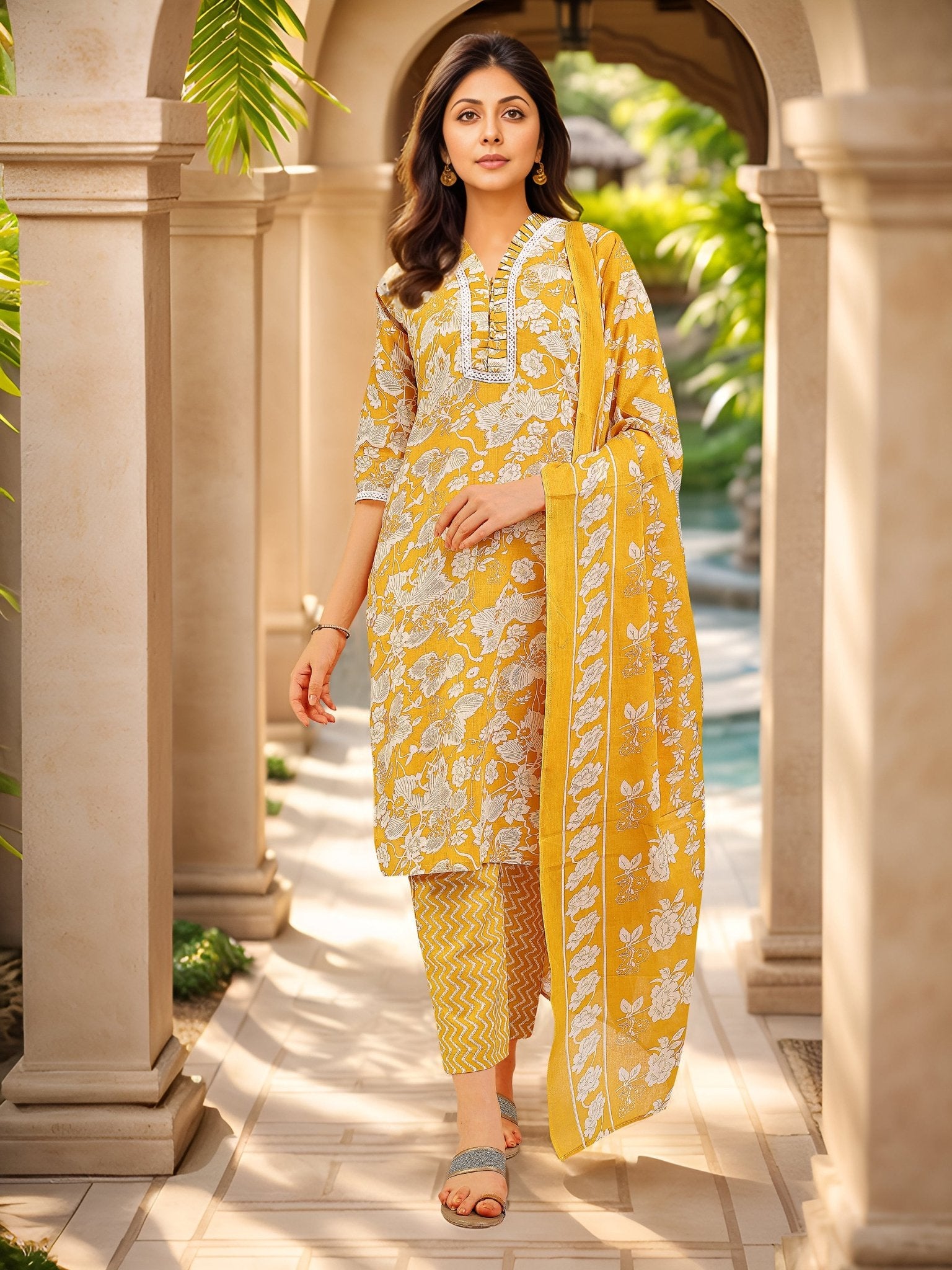 Yellow Printed Kurta Set — front view — pure cotton ethnic wear women