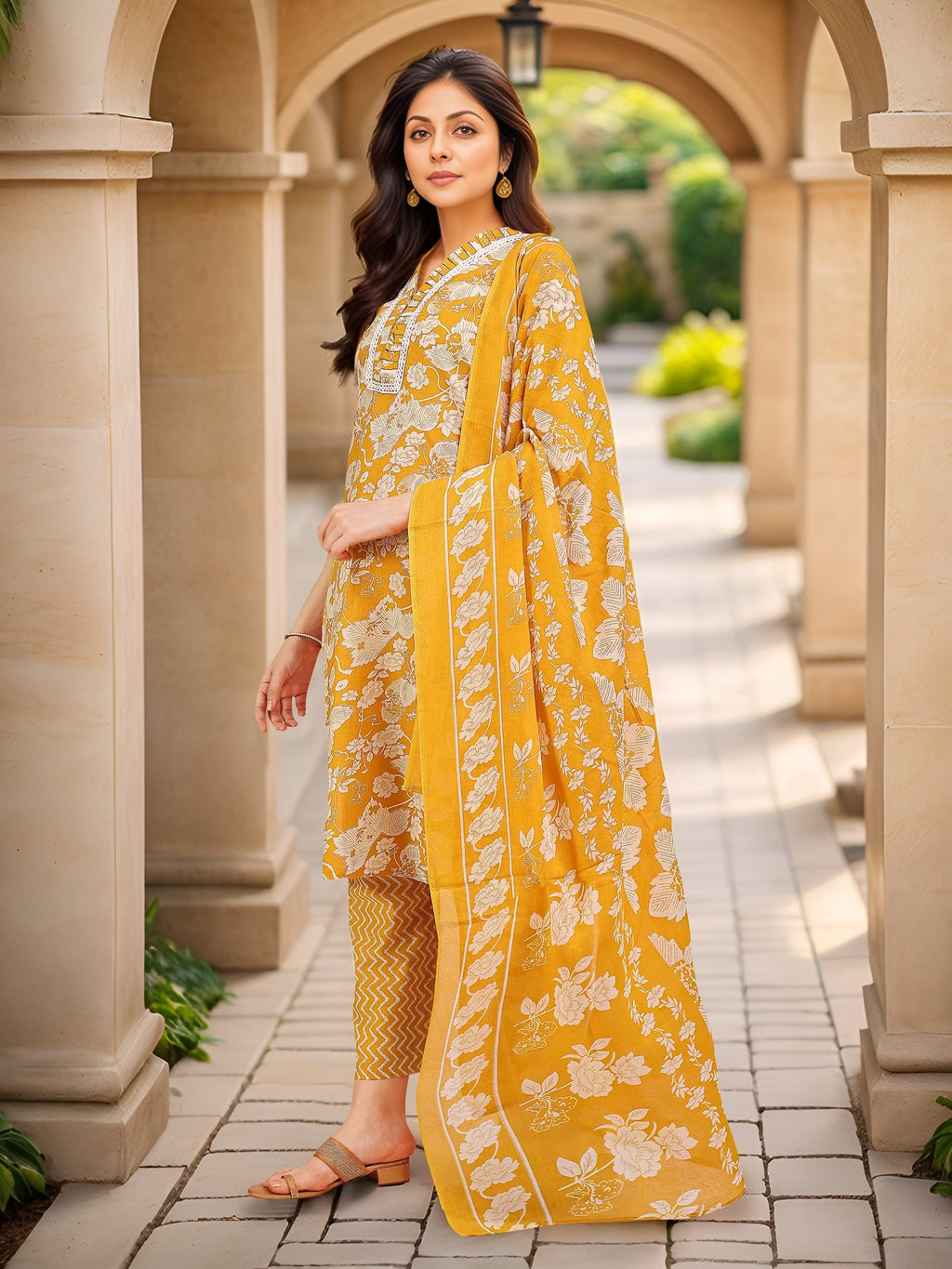 Yellow Printed Kurta Set — side view — Yellow Cotton Blend women — Banwaree