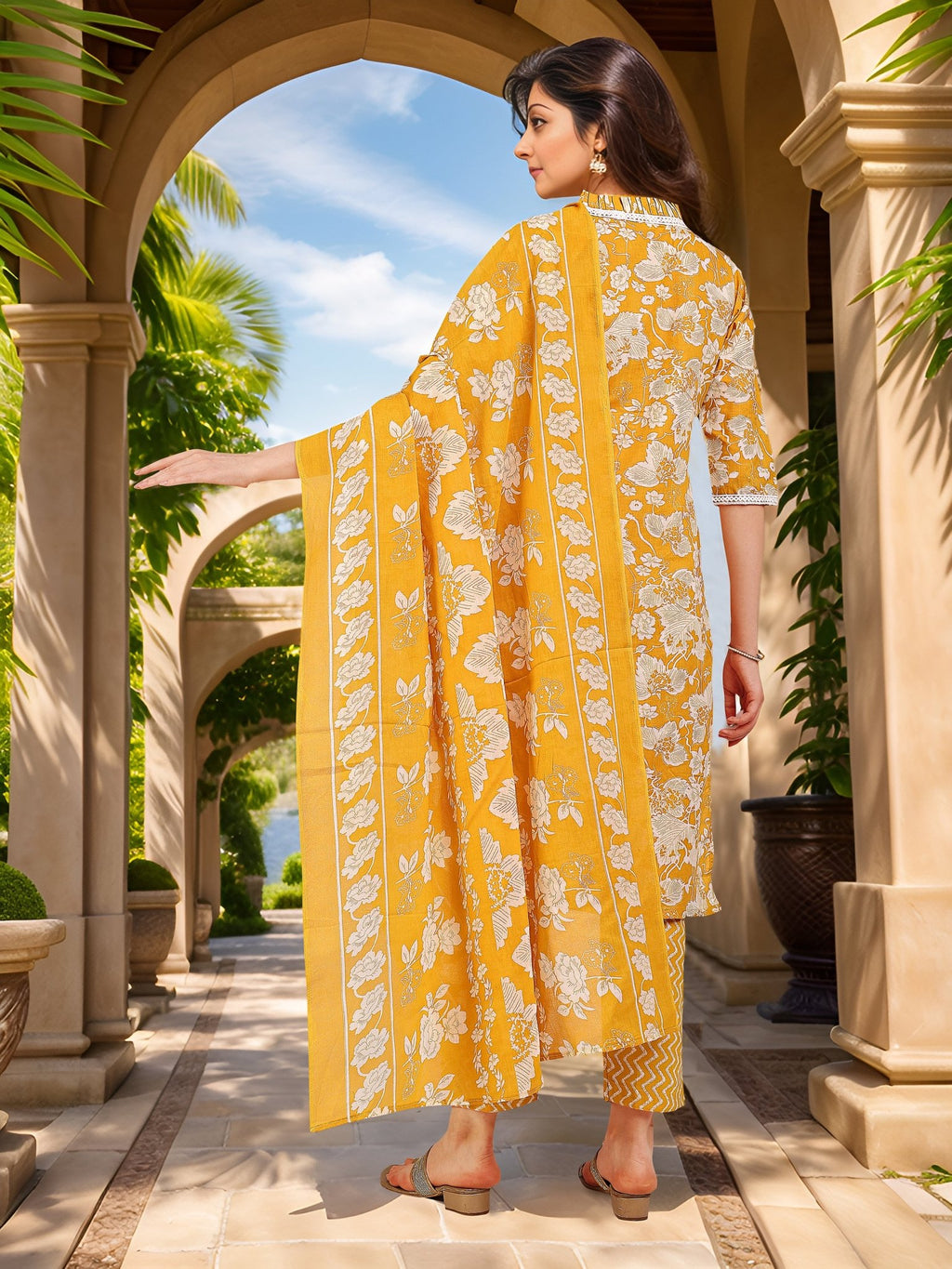 Yellow Printed Kurta Set — back view with dupatta — Banwaree India