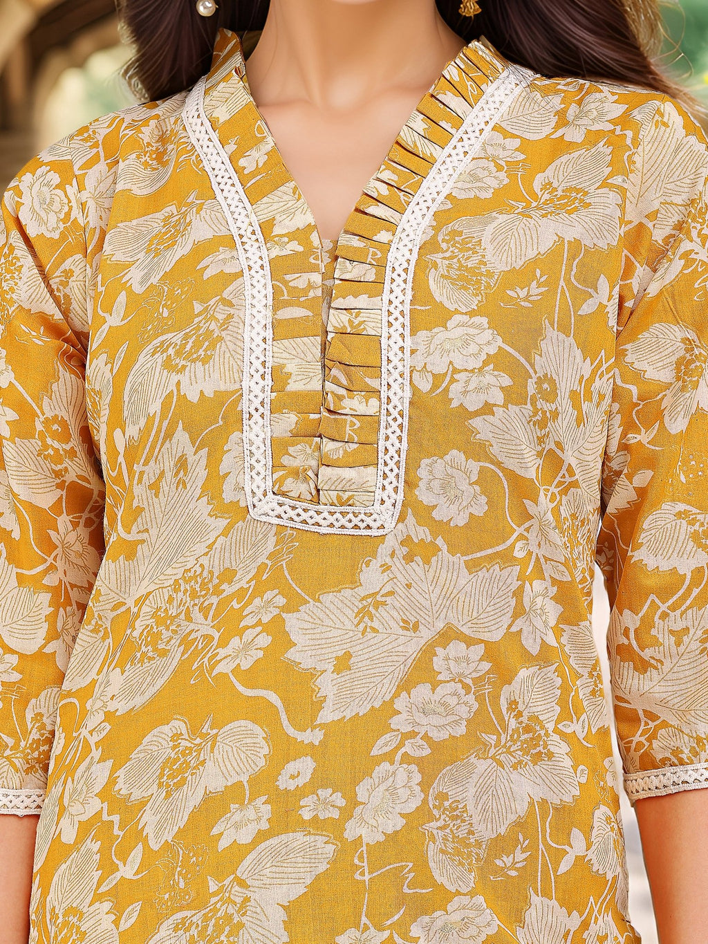 Yellow Printed Kurta Set — fabric detail — Yellow breathable cotton blend