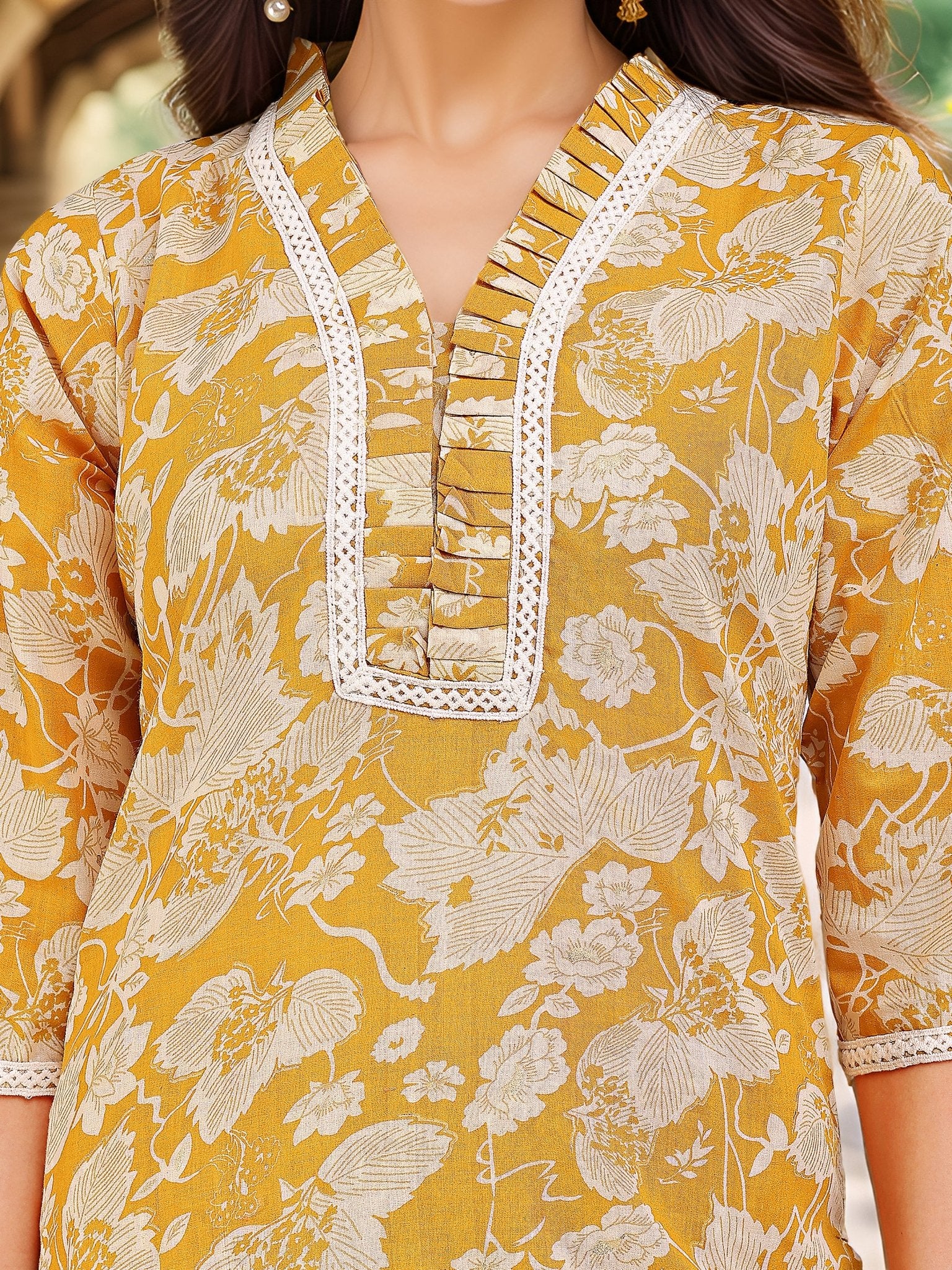 Yellow Printed Kurta Set — fabric detail — Yellow breathable cotton blend