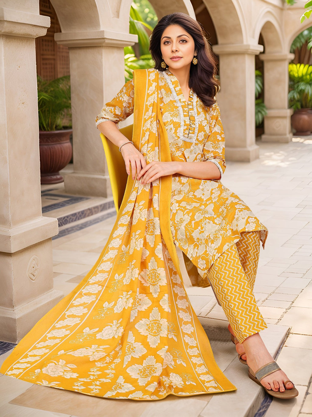 Yellow Printed Kurta Set — festive styling — casual cotton blend — Banwaree