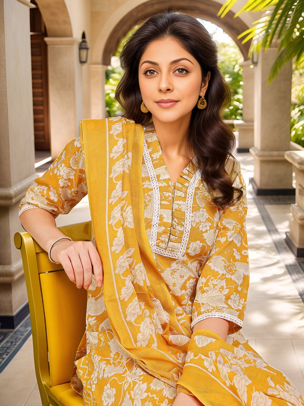 Yellow Printed Kurta Set — complete 3-piece set — Yellow Cotton Blend