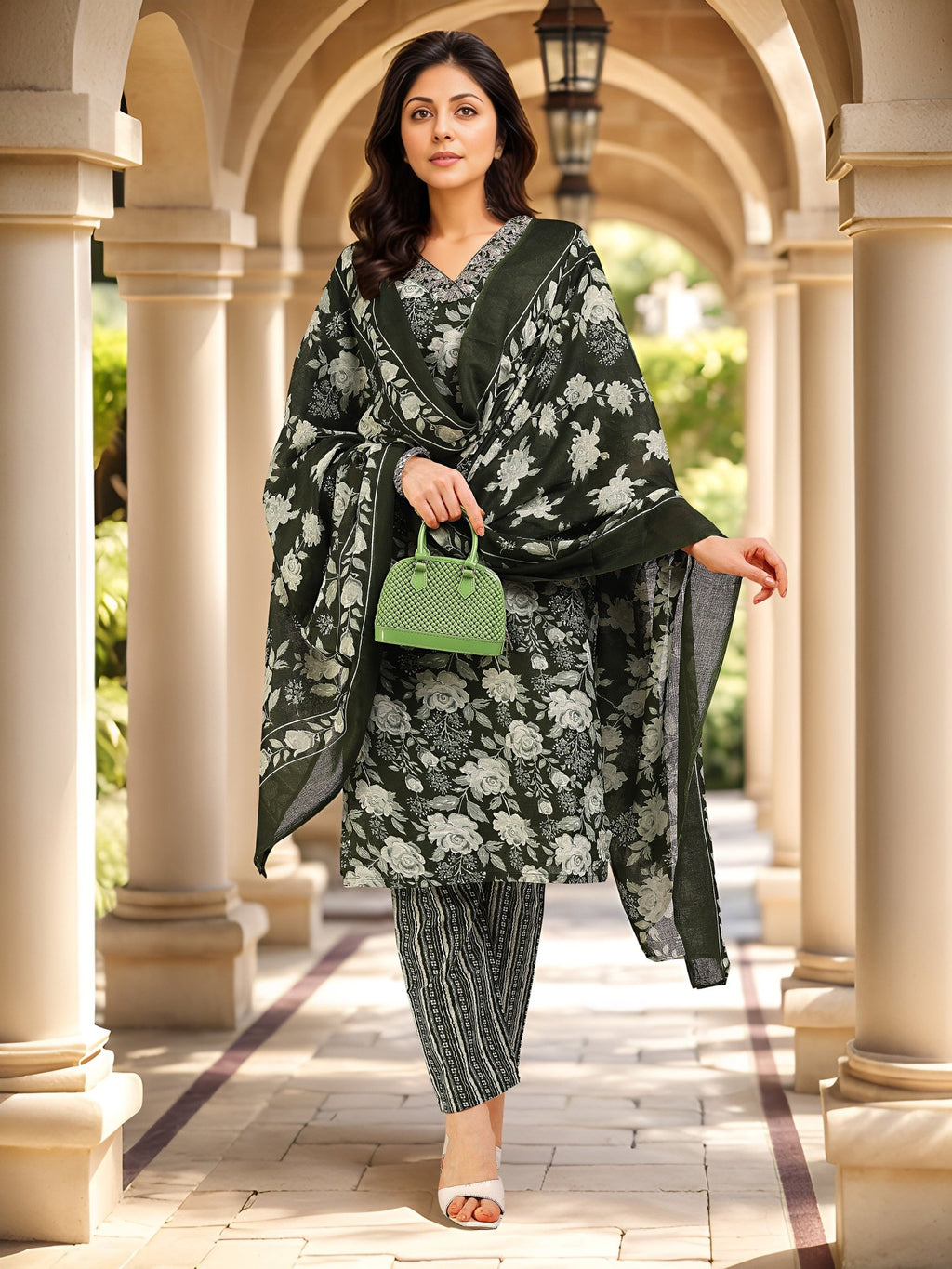 Dark Green Printed Cotton Blend Kurta Set — front view — pure cotton ethnic wear women