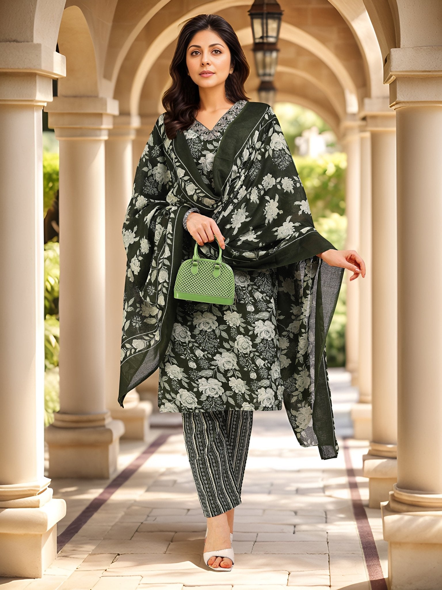 Dark Green Printed Cotton Blend Kurta Set — front view — pure cotton ethnic wear women