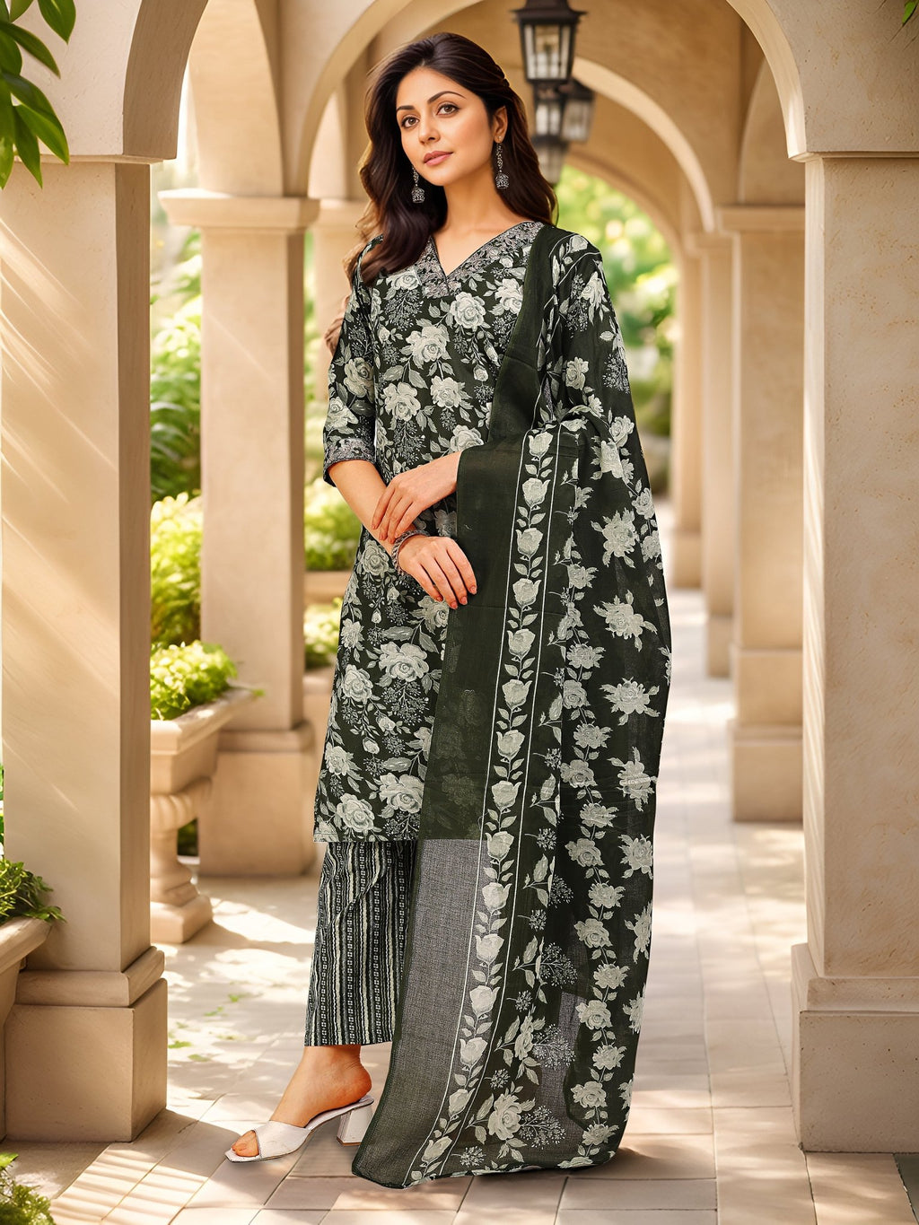 Dark Green Printed Cotton Blend Kurta Set — side view — Green Cotton Blend women — Banwaree