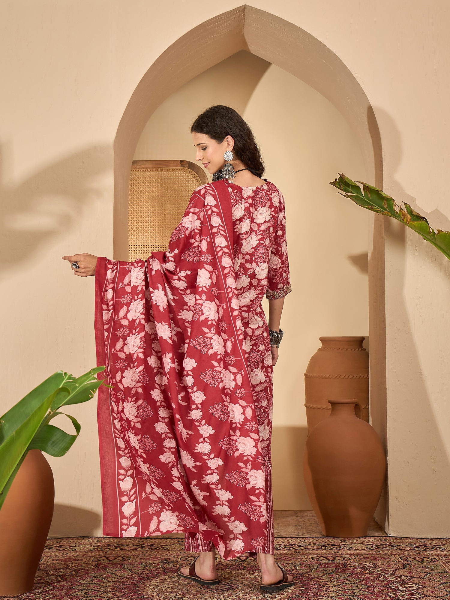 Maroon Cotton Blend Printed Kurta Set — back view with dupatta — Banwaree India