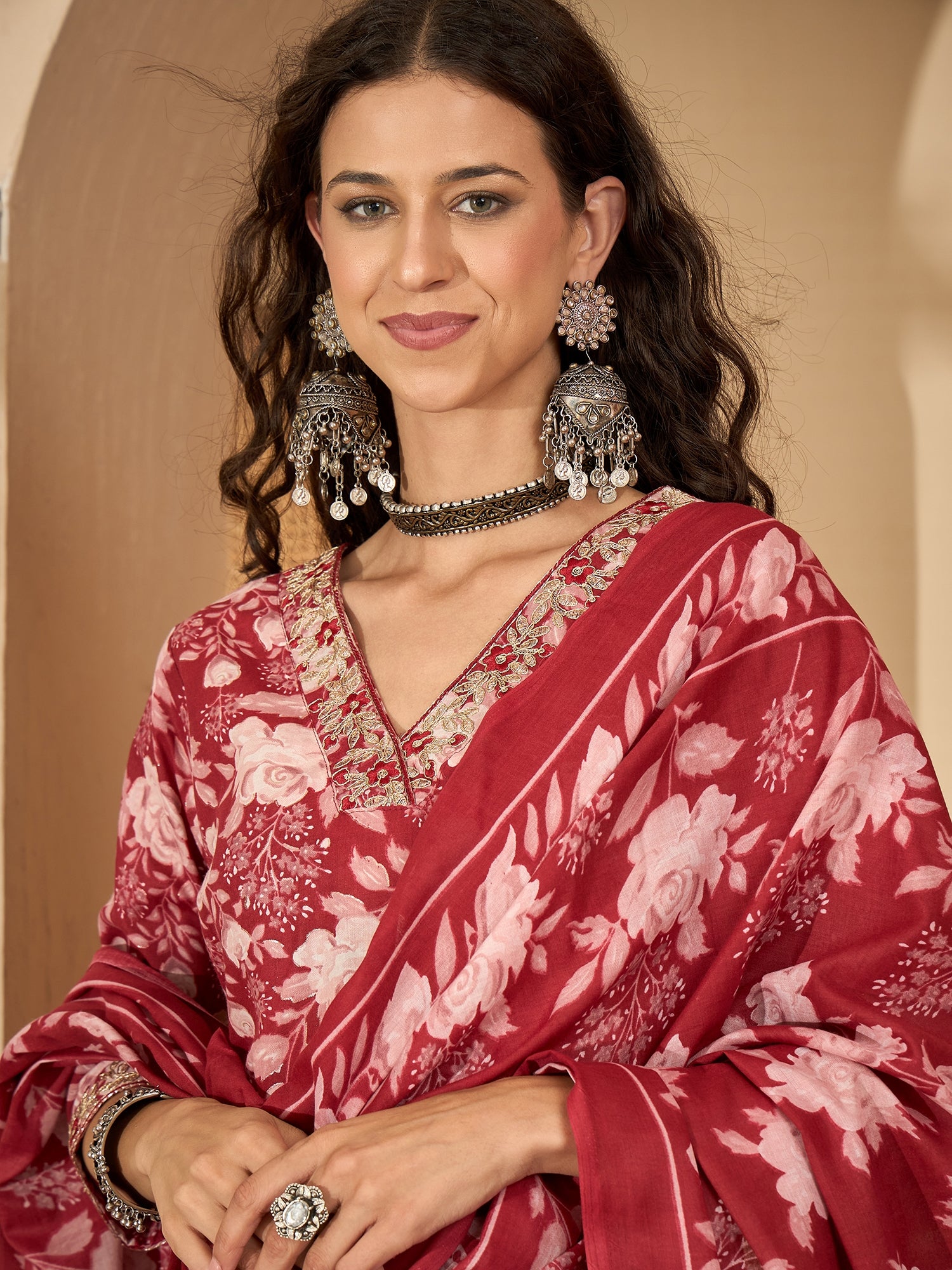 Maroon Cotton Blend Printed Kurta Set — fabric detail — Maroon breathable cotton blend