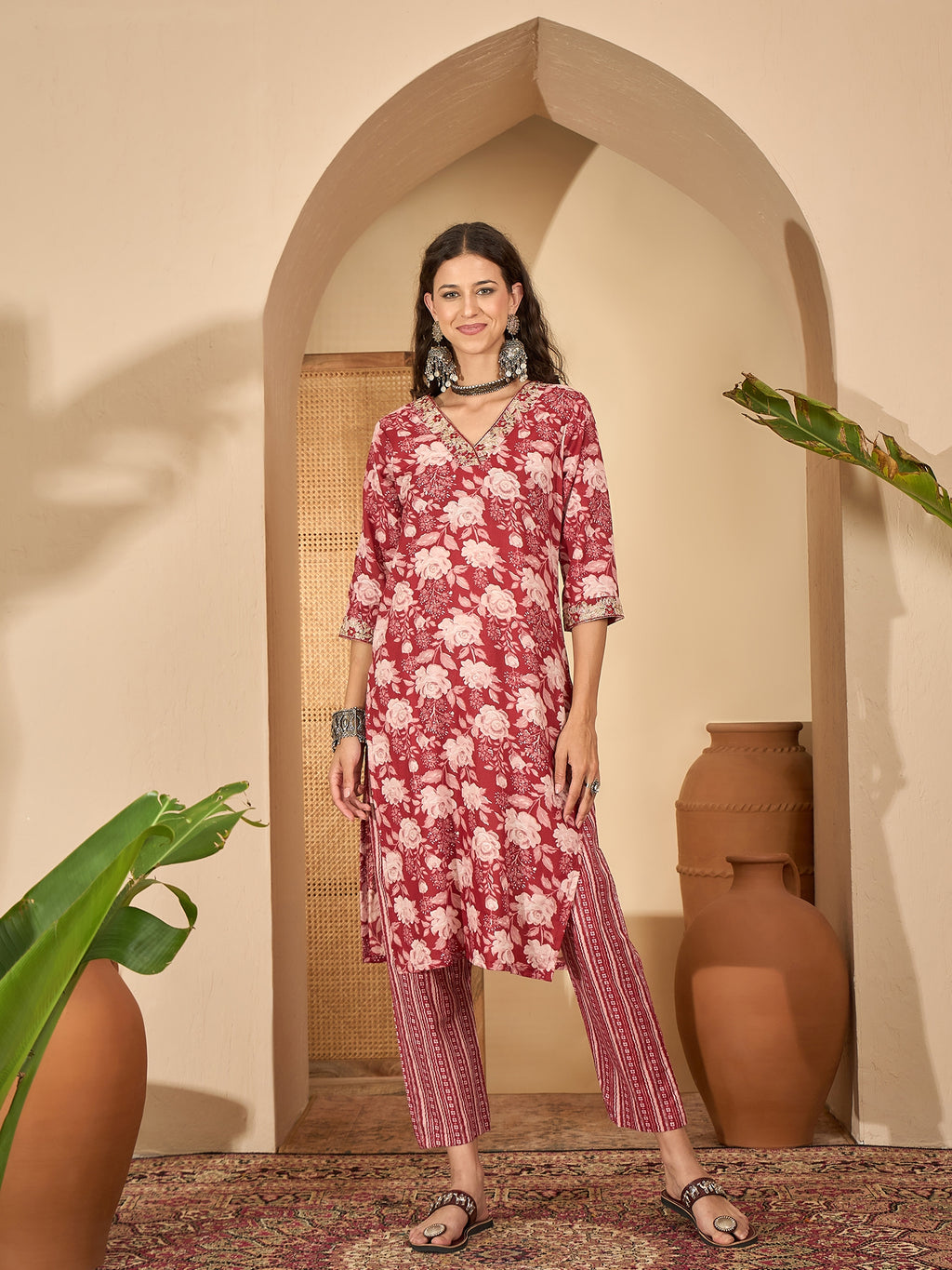 Maroon Cotton Blend Printed Kurta Set — complete 3-piece set — Maroon Cotton Blend