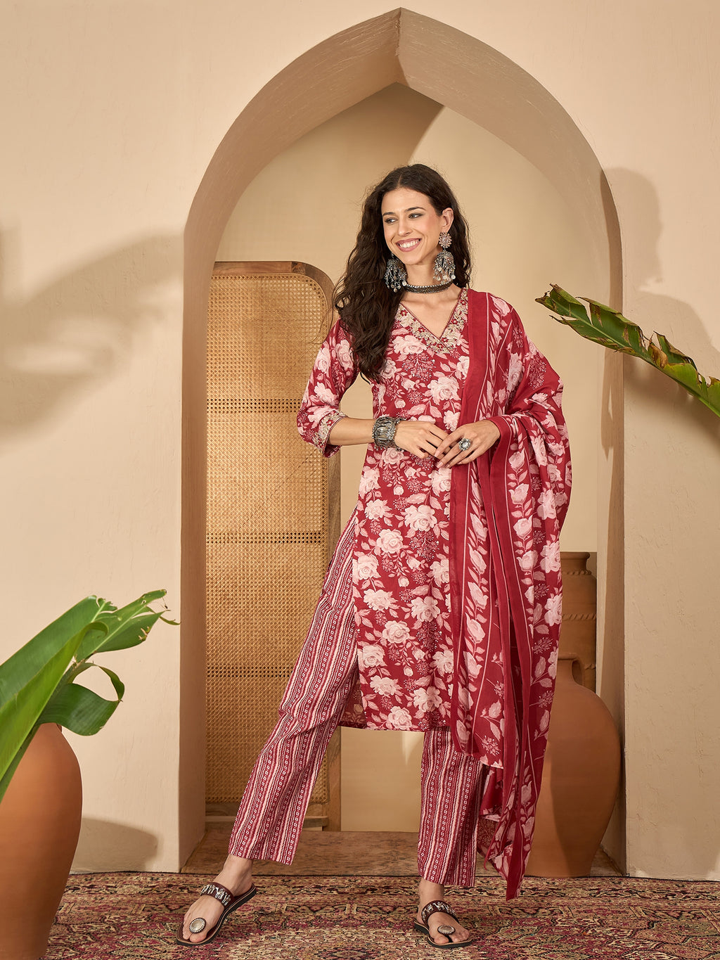 Maroon Cotton Blend Printed Kurta Set — flat lay — cotton kurta set online India — Banwaree India