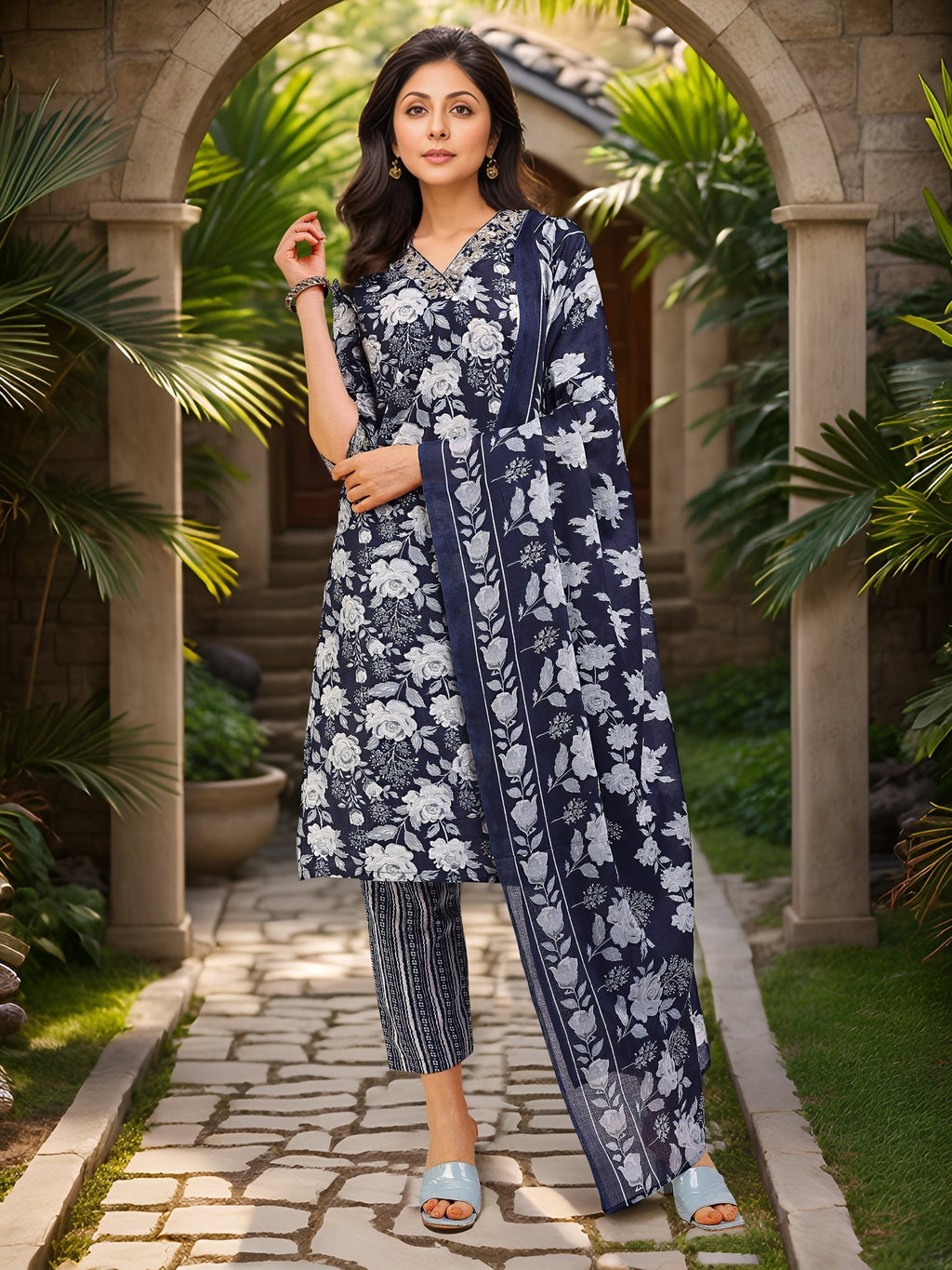 Navy Blue Printed Cotton Blend Kurta Set — front view — pure cotton ethnic wear women