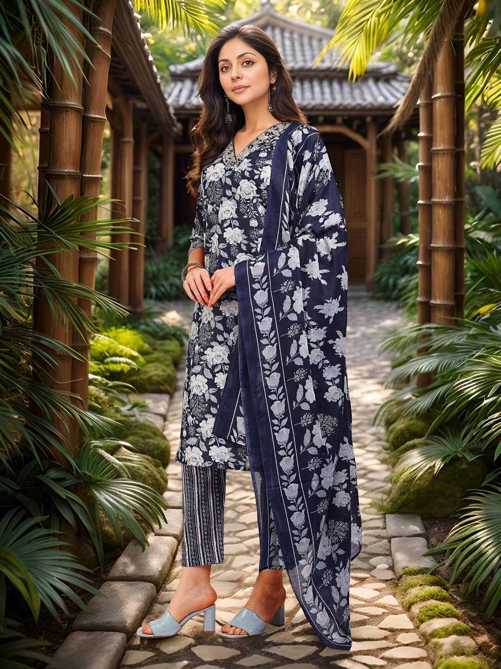 Navy Blue Printed Cotton Blend Kurta Set — side view — Blue Cotton Blend women — Banwaree
