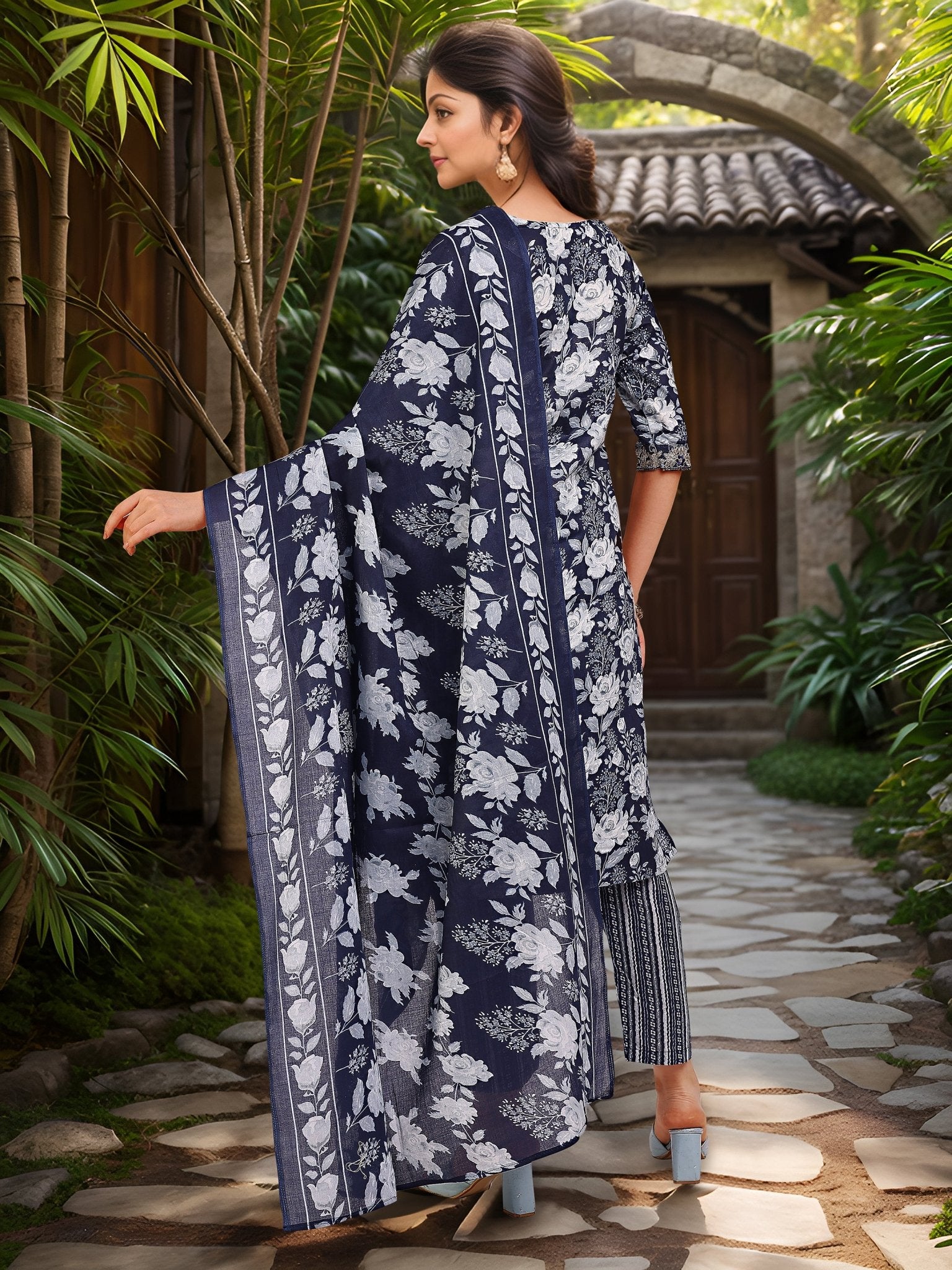 Navy Blue Printed Cotton Blend Kurta Set — back view with dupatta — Banwaree India