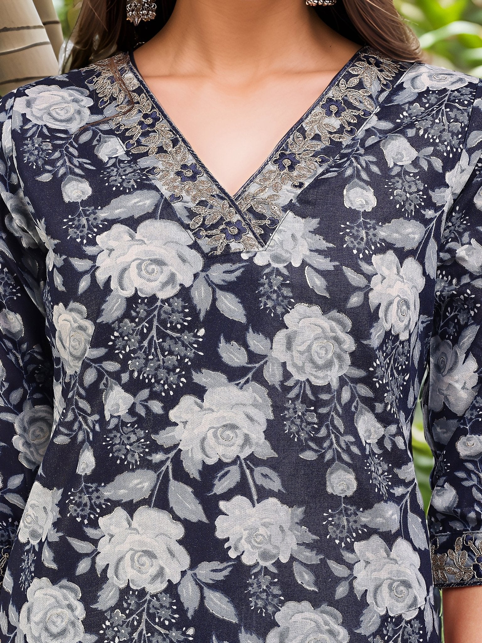 Navy Blue Printed Cotton Blend Kurta Set — fabric detail — Blue breathable cotton blend