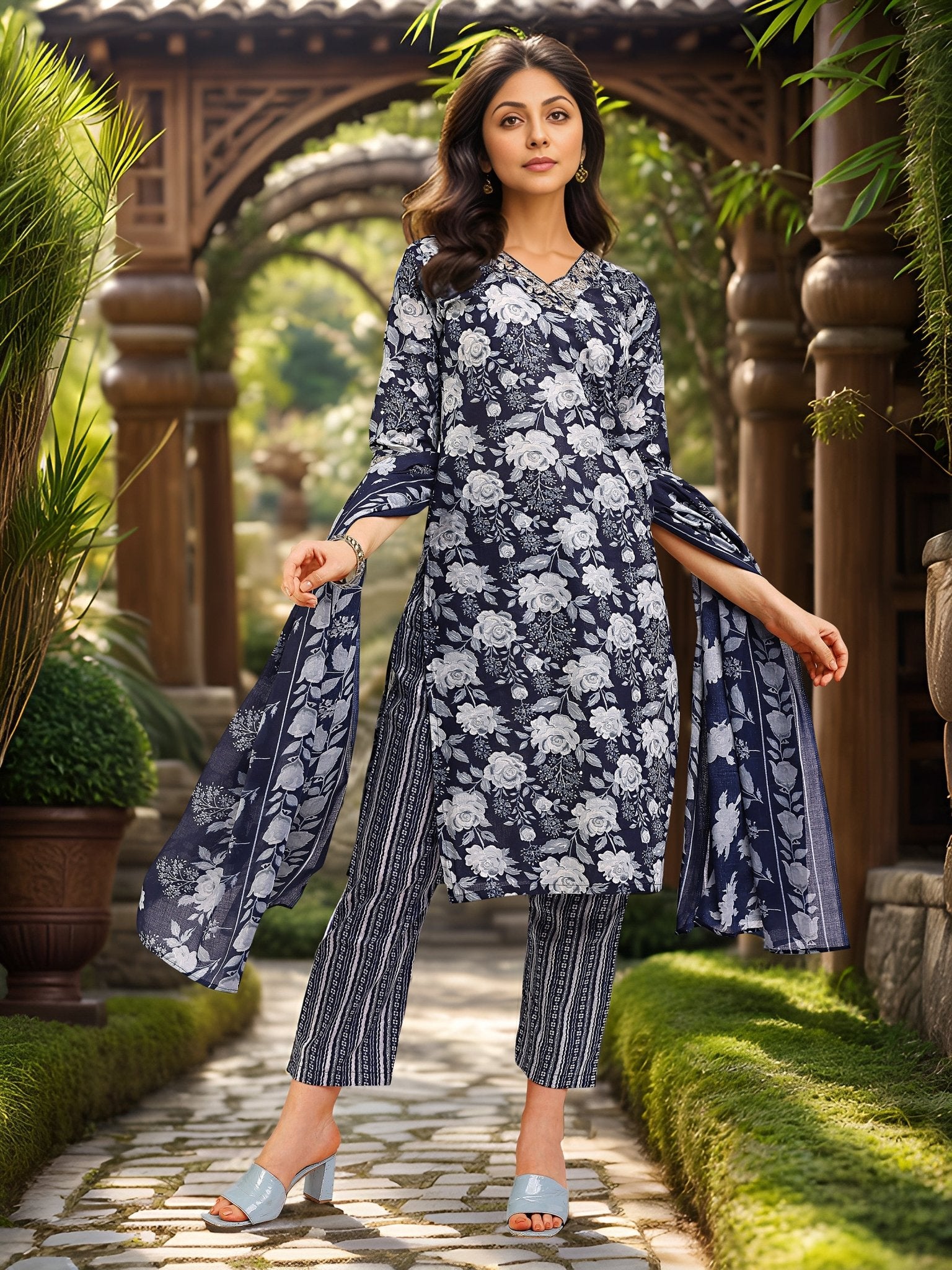 Navy Blue Printed Cotton Blend Kurta Set — everyday styling — casual cotton blend — Banwaree