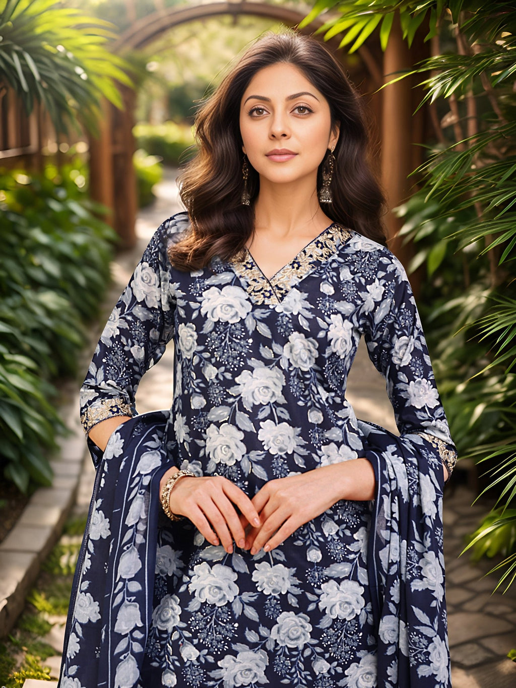 Navy Blue Printed Cotton Blend Kurta Set — dupatta close up — Blue Cotton Blend — Banwaree