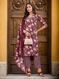 Wine Cotton Blend Printed Kurta Set — front view — pure cotton ethnic wear women