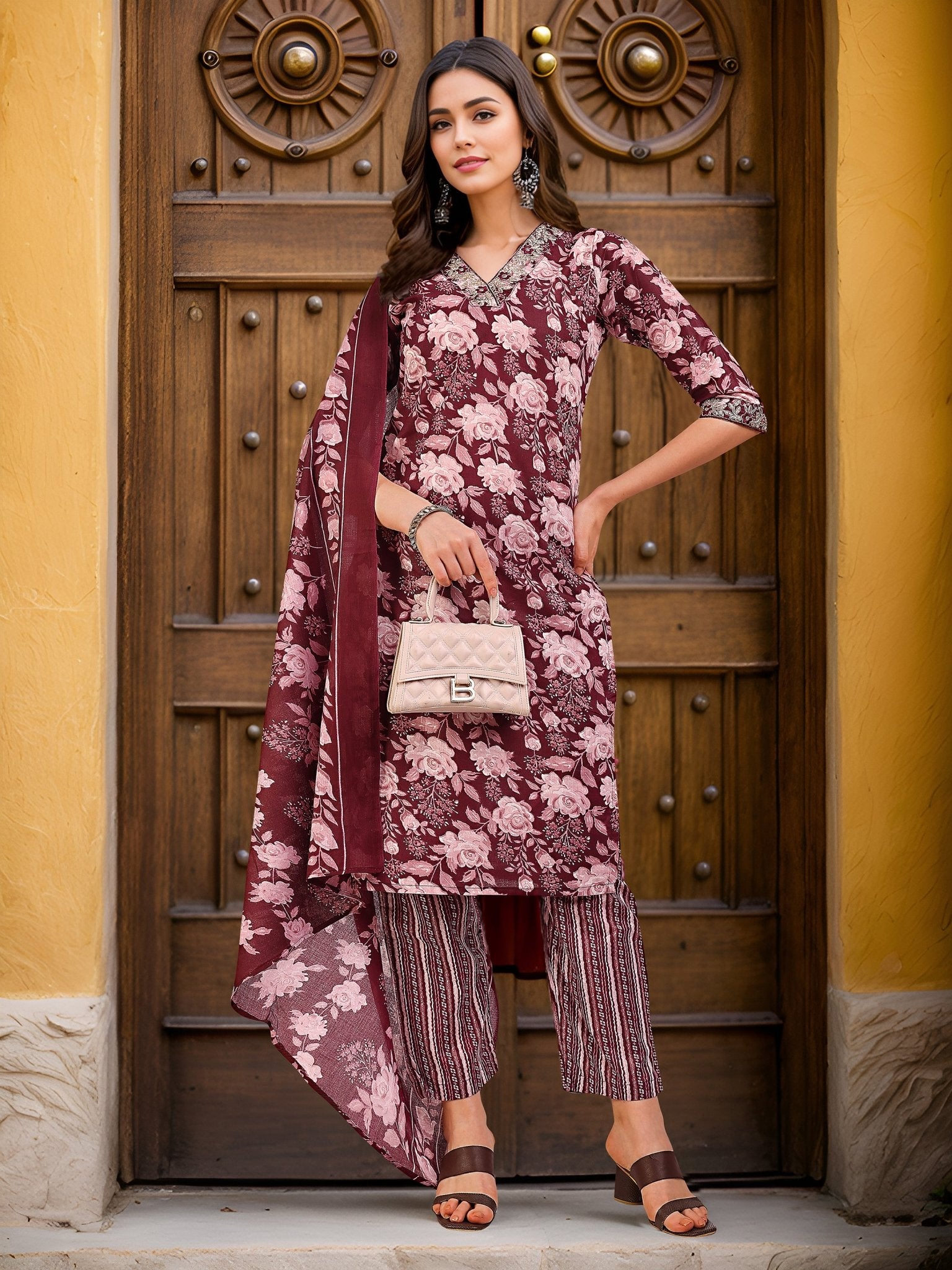 Wine Cotton Blend Printed Kurta Set — front view — pure cotton ethnic wear women