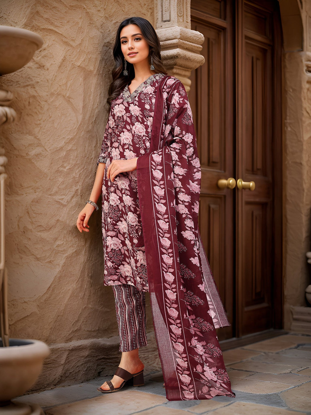 Wine Cotton Blend Printed Kurta Set — side view — Wine Cotton Blend women — Banwaree