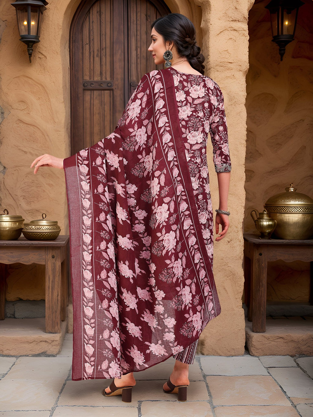 Wine Cotton Blend Printed Kurta Set — back view with dupatta — Banwaree India