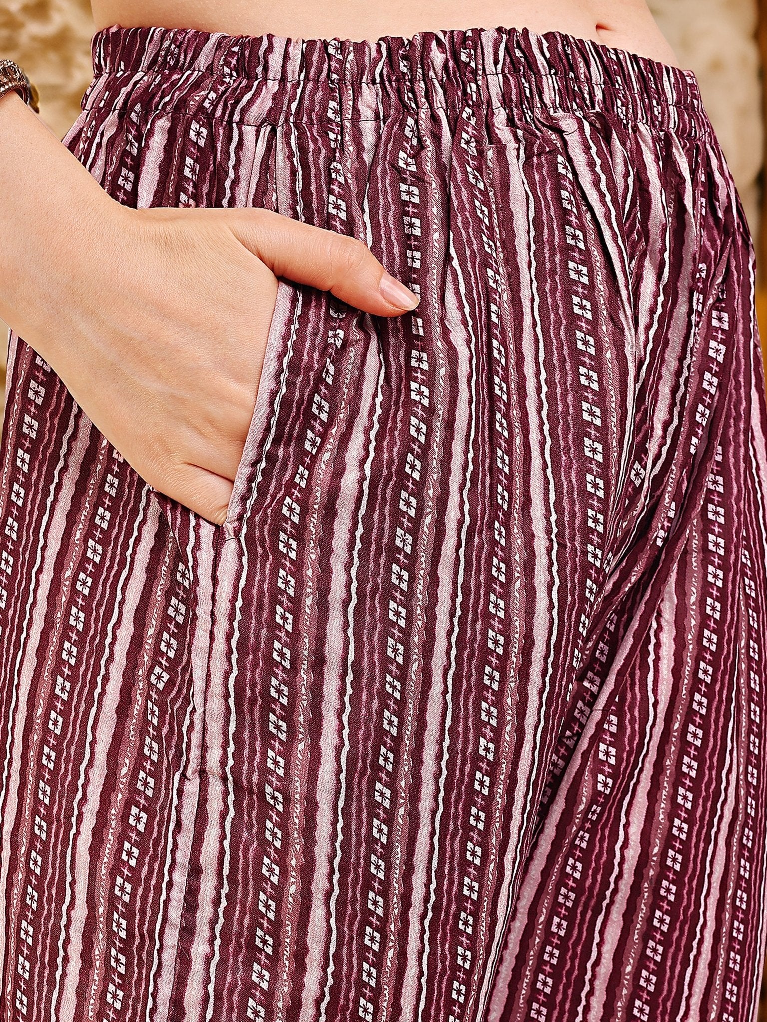 Wine Cotton Blend Printed Kurta Set — complete 3-piece set — Wine Cotton Blend