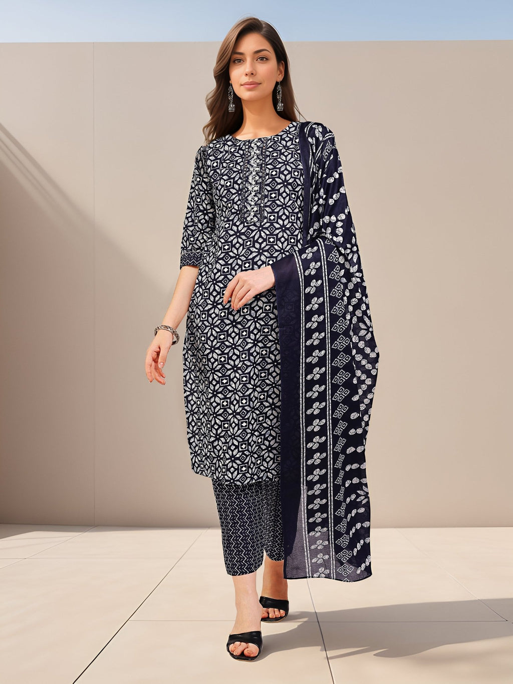Navy Blue Cotton Blend Kurta Set — front view — pure cotton ethnic wear women