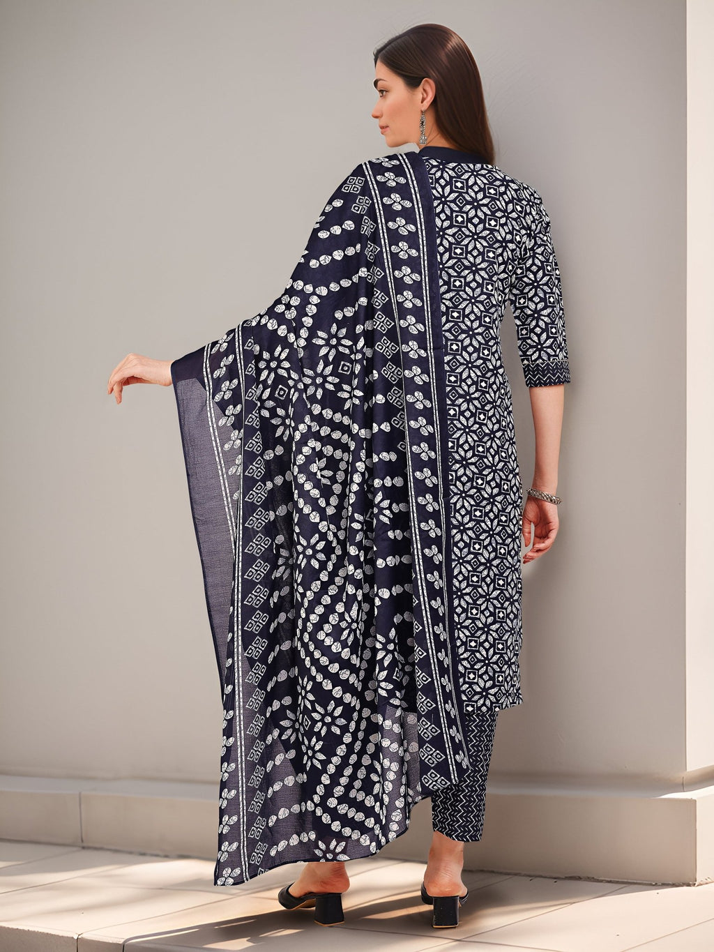 Navy Blue Cotton Blend Kurta Set — back view with dupatta — Banwaree India